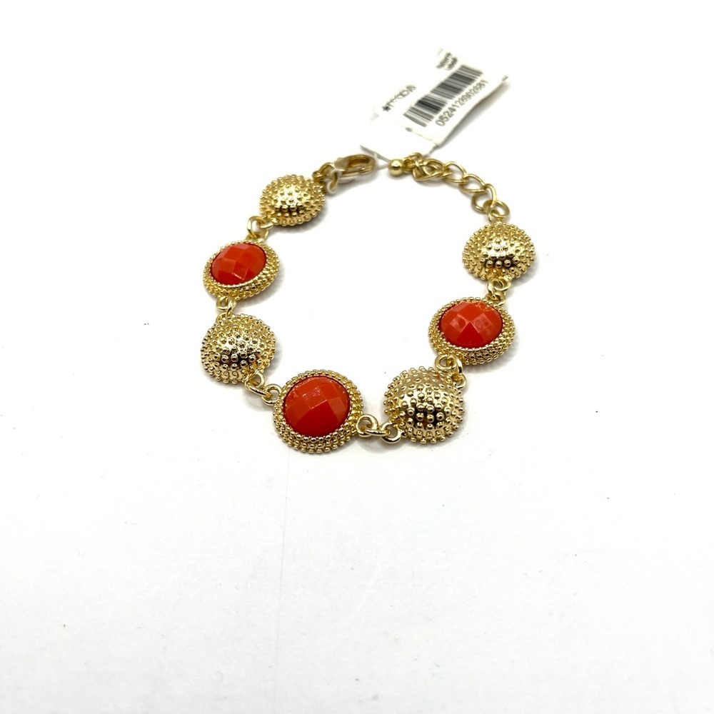 Macy's Gold and Orange Beaded Textured Link Bracelet Cobblestone Adjustable